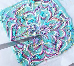 sparkly mermaid bark candy for an easy under the sea sweet, Cutting mermaid candy bark