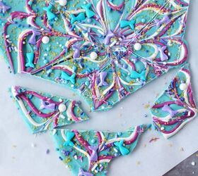 sparkly mermaid bark candy for an easy under the sea sweet, Breaking off pieces of mermaid bark candy
