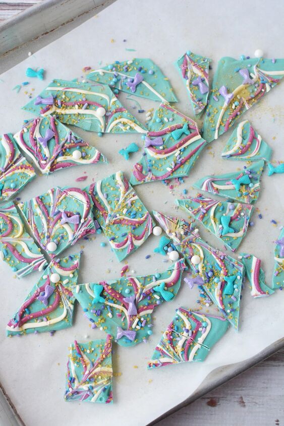 sparkly mermaid bark candy for an easy under the sea sweet, Pieces of mermaid bark candy broken up into pieces