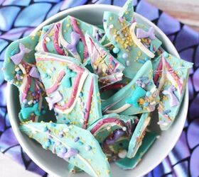 sparkly mermaid bark candy for an easy under the sea sweet, Bowl of mermaid bark candy on top of scale fabric