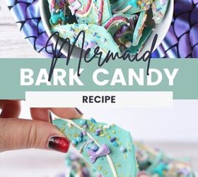 sparkly mermaid bark candy for an easy under the sea sweet, Bowl of mermaid candy bark and holding a piece of it