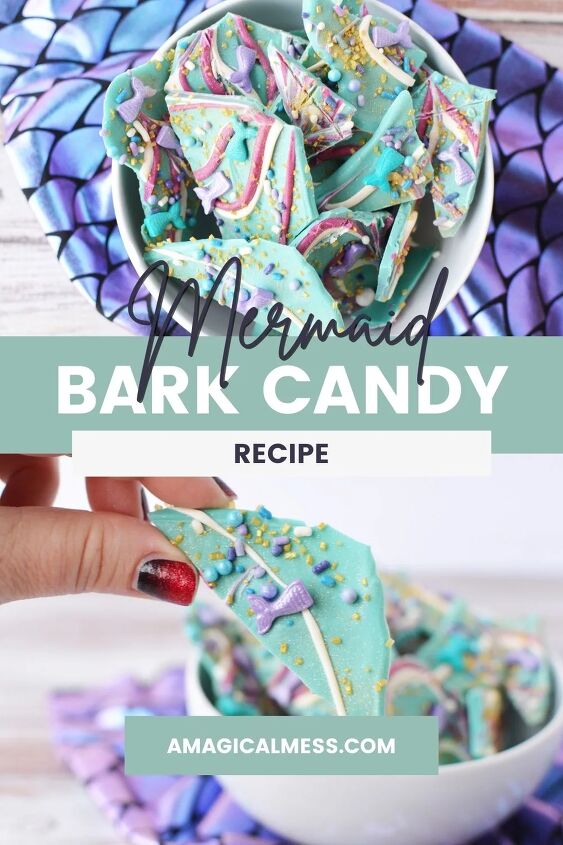 sparkly mermaid bark candy for an easy under the sea sweet, Bowl of mermaid candy bark and holding a piece of it