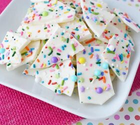 funfetti frenzy how to make delicious funfetti bark candy, Funfetti bark candy on a white plate with a pink background