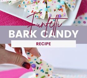 funfetti frenzy how to make delicious funfetti bark candy, Funfetti bark candy pieces on a plate and one being held in a hand