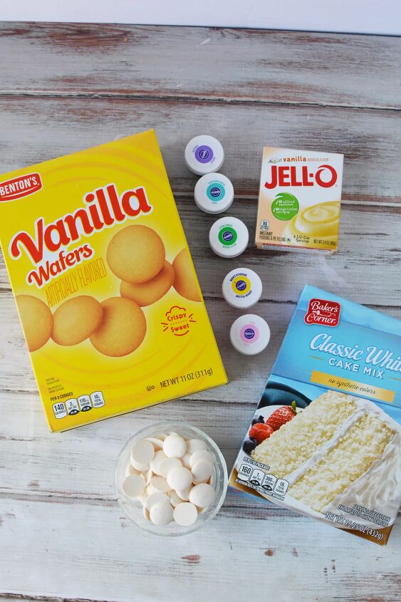 how to make a rainbow trifle dessert for a magical party, Vanilla wafers food coloring jello candy melts and cake mix