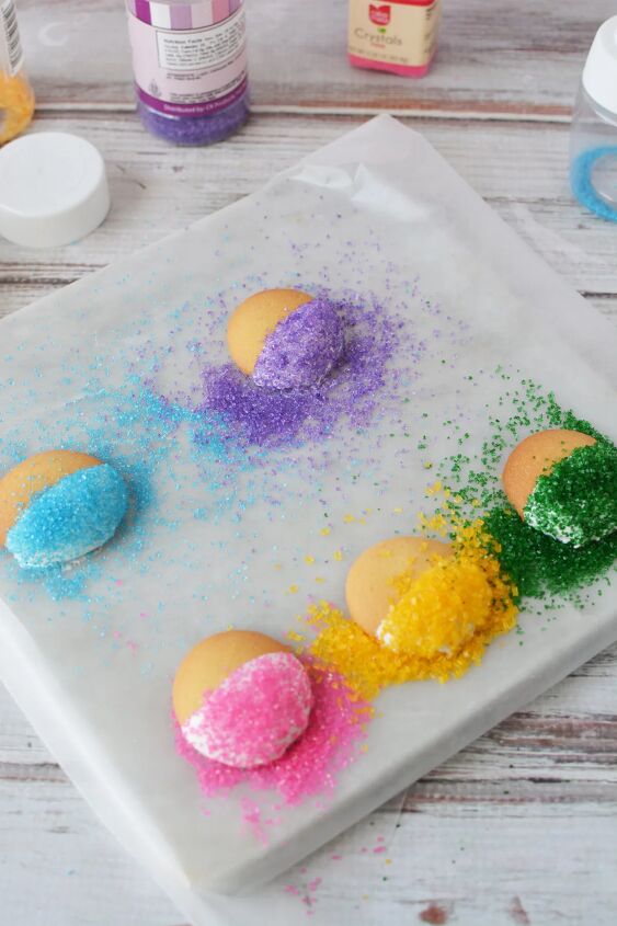 how to make a rainbow trifle dessert for a magical party, Nilla wafers with sanding sugar on them