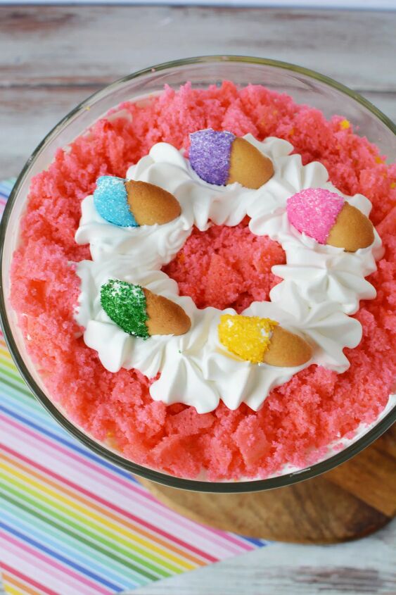 how to make a rainbow trifle dessert for a magical party, The top of a rainbow trifle