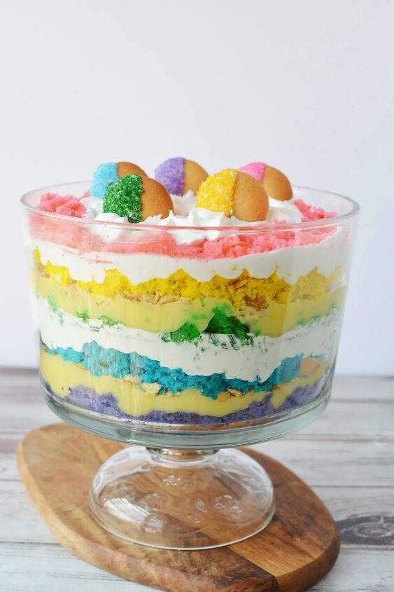 how to make a rainbow trifle dessert for a magical party, Layers of rainbow cake in a rainbow trifle dessert