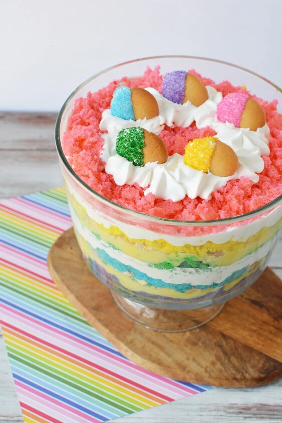 how to make a rainbow trifle dessert for a magical party, Rainbow cake trifle in a bowl