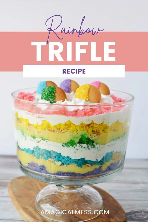 how to make a rainbow trifle dessert for a magical party, Layers of rainbow cake in a trifle
