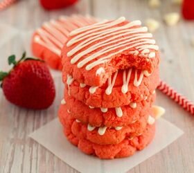 easy and chewy strawberry cake mix cookies recipe, Strawberry cookies stacked with a bite taken out of the top one