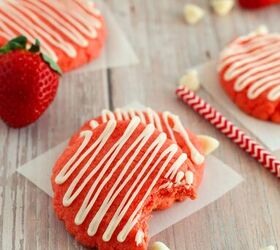 easy and chewy strawberry cake mix cookies recipe, Strawberry cookies on a table with white chocolate chips and strawberries