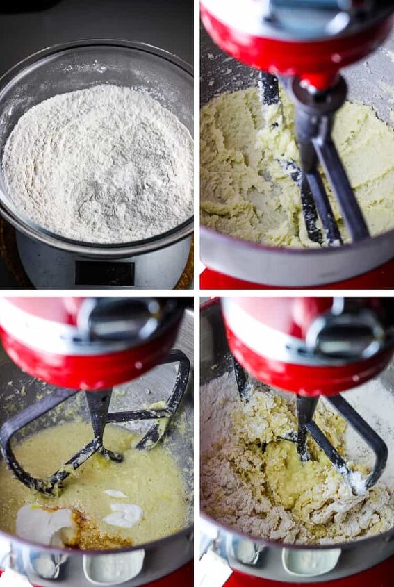 rhubarb coffee cake, Four images of coffee cake batter in various stages in a stand mixer