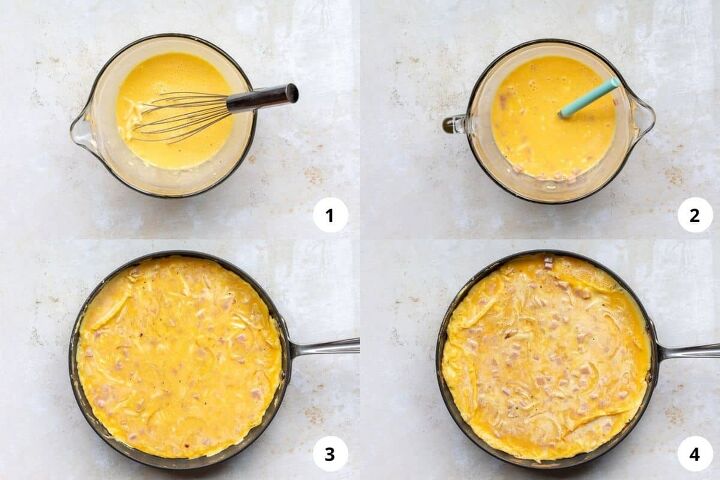 ham and cheese frittata, four process shots for making ham and cheese frittata starting with whisking eggs and ending with frittata ready for broiler