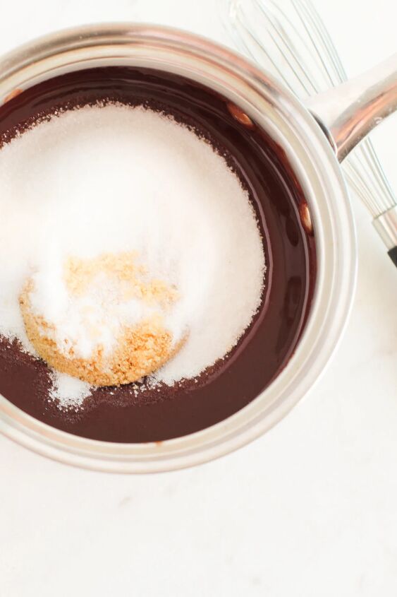 mocha dark chocolate fudgy brownies recipe, Sugar and chocolate in a pan