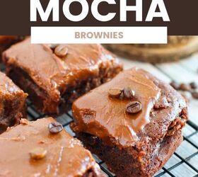 mocha dark chocolate fudgy brownies recipe, Brownies with frosting on a rack