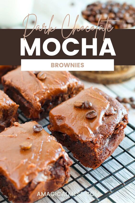 mocha dark chocolate fudgy brownies recipe, Brownies with frosting on a rack