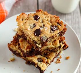 salted caramel chocolate chip cookie bars recipe, Salted caramel chocolate chip cookies bars stacked on a plate