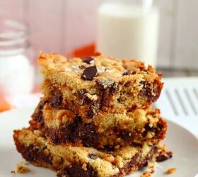 salted caramel chocolate chip cookie bars recipe, Stack of sliced caramel chocolate cookie bars on a plate
