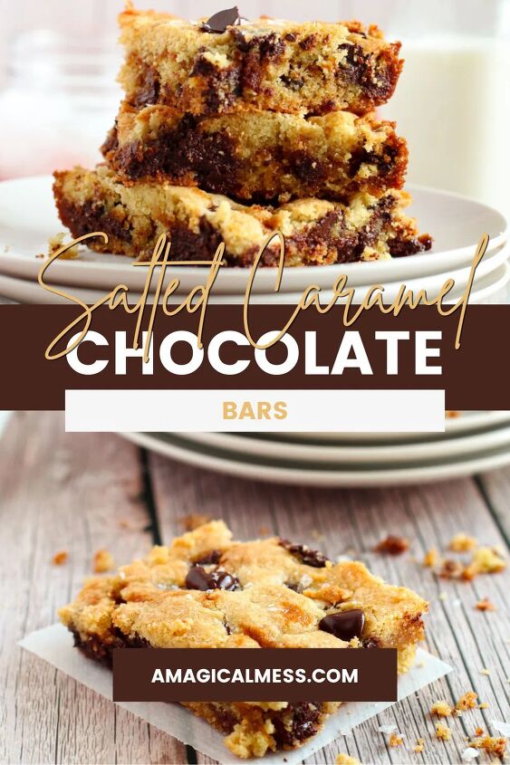salted caramel chocolate chip cookie bars recipe, Salted caramel chocolate chip cookie bars stacked on a plate