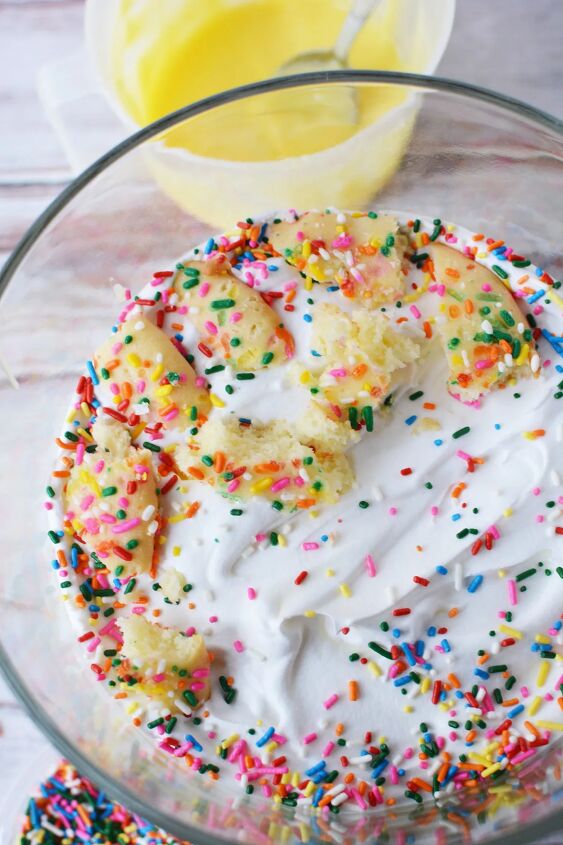 colorful funfetti birthday cake trifle recipe, Cake and sprinkles in a layer of a trifle