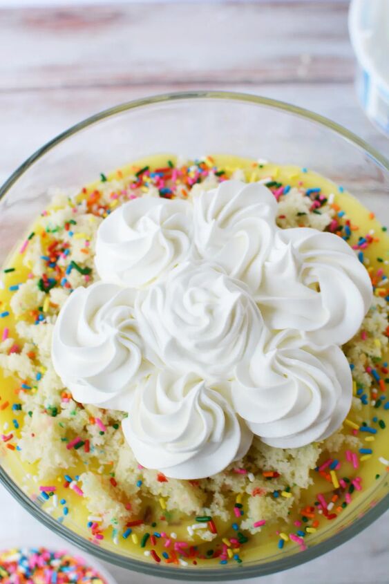 colorful funfetti birthday cake trifle recipe, Whipped topping on top of a birthday trifle