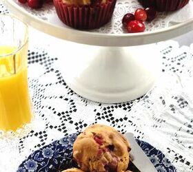 best cranberry walnut muffin recipe with orange marmalade, cranberry walnut muffins on a white pedestal dish