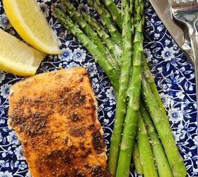 best cranberry walnut muffin recipe with orange marmalade, overhead view of blackened salmon dinner with asparagus and lemon slices on plate