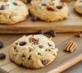 rich and nutty brown butter bourbon cookies, Chocolate chip cookies with pecans and flaky salt on boards