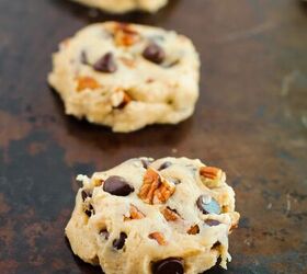 rich and nutty brown butter bourbon cookies, Chocolate chip pecan cookie dough batter on a baking sheet