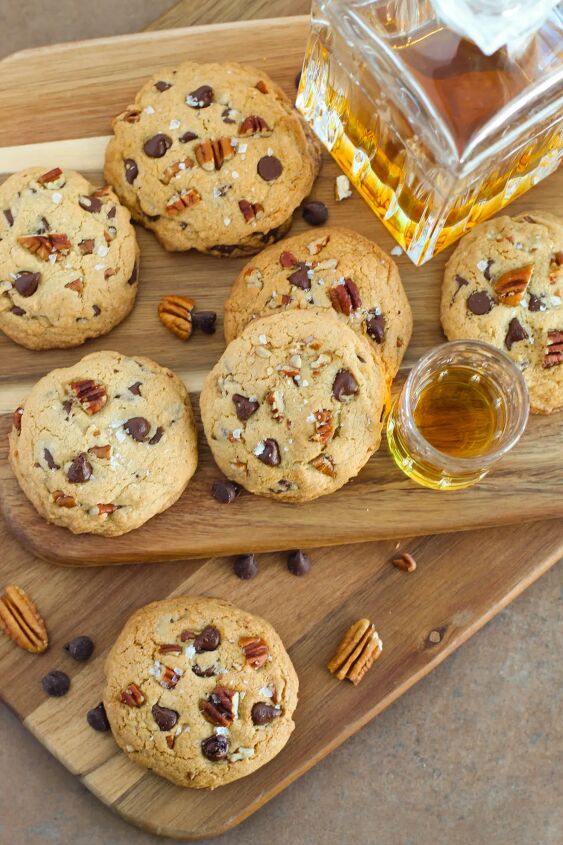 rich and nutty brown butter bourbon cookies, Chocolate chip pecan cookies next to bourbon