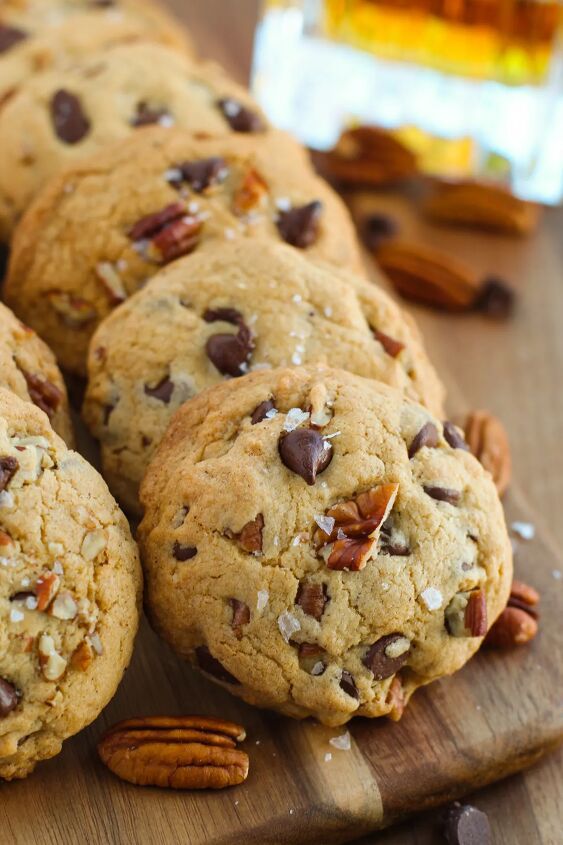 rich and nutty brown butter bourbon cookies, Rows of chocolate chip pecan cookies