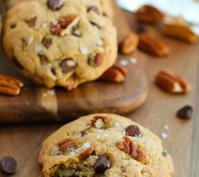 rich and nutty brown butter bourbon cookies, Chocolate chip cookies with pecans and one with a bite missing