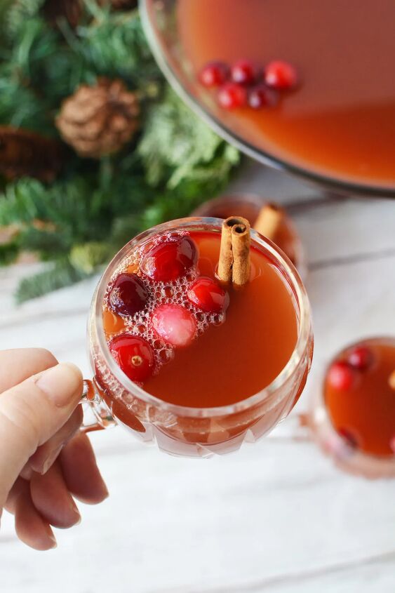 cranberry and cinnamon christmas punch recipe, Holding a glass of red punch with cranberries and cinnamon sticks