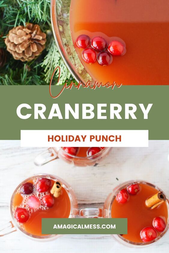 cranberry and cinnamon christmas punch recipe, Red punch in a bowl and cups with cranberries floating in them