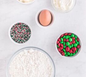 easy christmas sugar cookie pie recipe, Egg M Ms sprinkles flour and other ingredients for sugar cookie pie