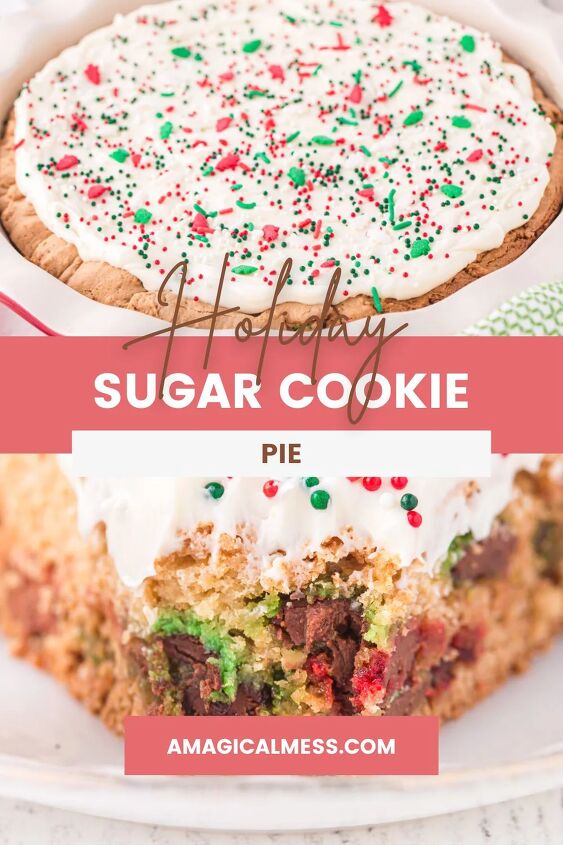 easy christmas sugar cookie pie recipe, Sugar cookie pie and a bite taken out showing the holiday M M candies