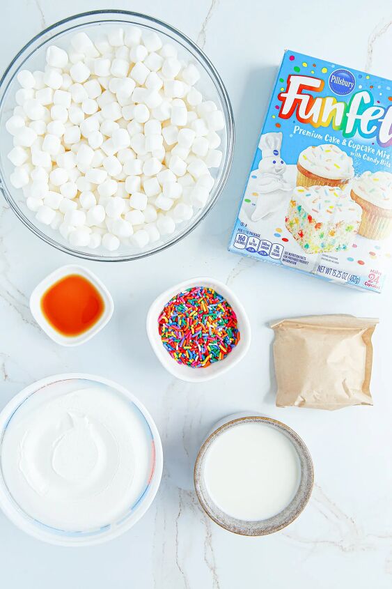 happy birthday cake fluff salad recipe, Marshmallows funfetti cake mix sprinkles and other ingredients for fluff salad