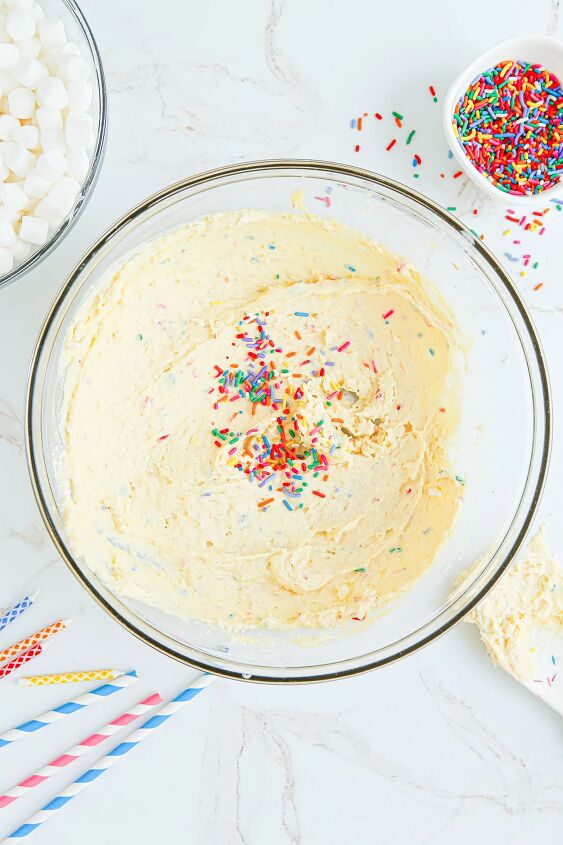 happy birthday cake fluff salad recipe, Sprinkles in with vanilla pudding mixture