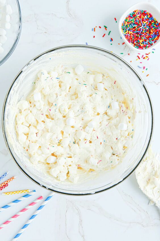 happy birthday cake fluff salad recipe, Mixed marshmallow fluff in the bowl