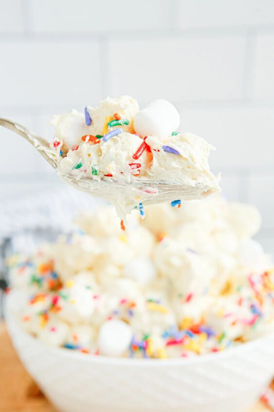 happy birthday cake fluff salad recipe, Spoon full of birthday marshmallow fluff salad