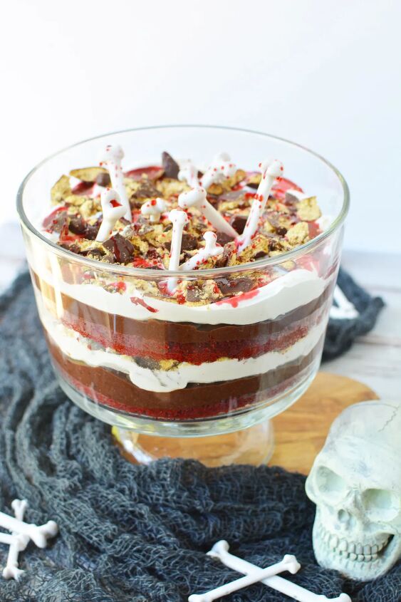 vampire red velvet trifle recipe, Layered red velvet trifle topped with bones for Halloween