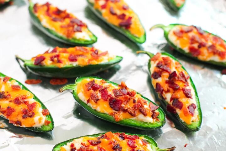 easy bacon jalapeno poppers appetizer, Stuffed jalepenos on a foil baking sheet ready for the oven