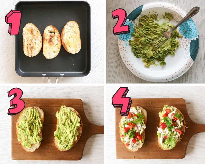 gluten free chicken avocado toast recipe, process photos showing how to make chicken avocado toast toast the bread mash the avocado add the avocado to the toast and top with chicken chives cilantro and peppers