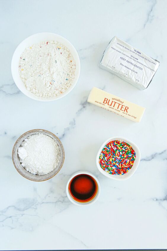 funfetti cream cheese ball dip, Cream cheese butter sprinkles and other ingredients in bowls