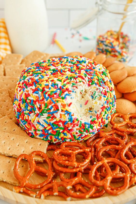 funfetti cream cheese ball dip, Cheese ball dip covered in sprinkles with pretzels and cookies around it