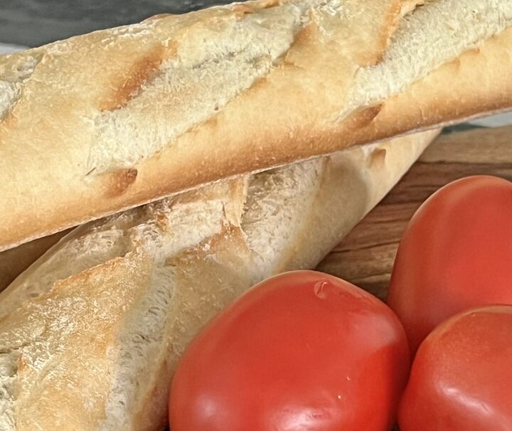 a simple and easy bruschetta baguette appetizer recipe, A close up photo of two french baguettes