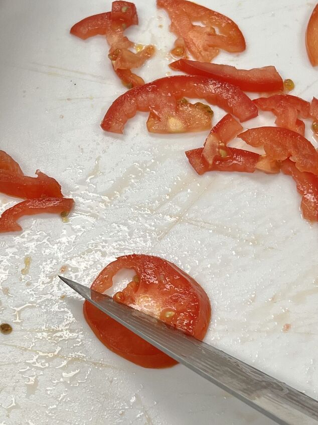 a simple and easy bruschetta baguette appetizer recipe, Slicing tomatoes
