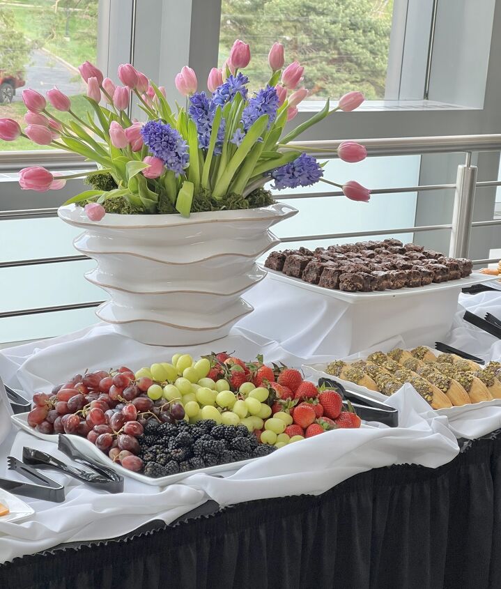 a simple and easy bruschetta baguette appetizer recipe, The buffet display at the Friends of Opera event including fresh fruit brownie bites and chocolate dipped madelaines
