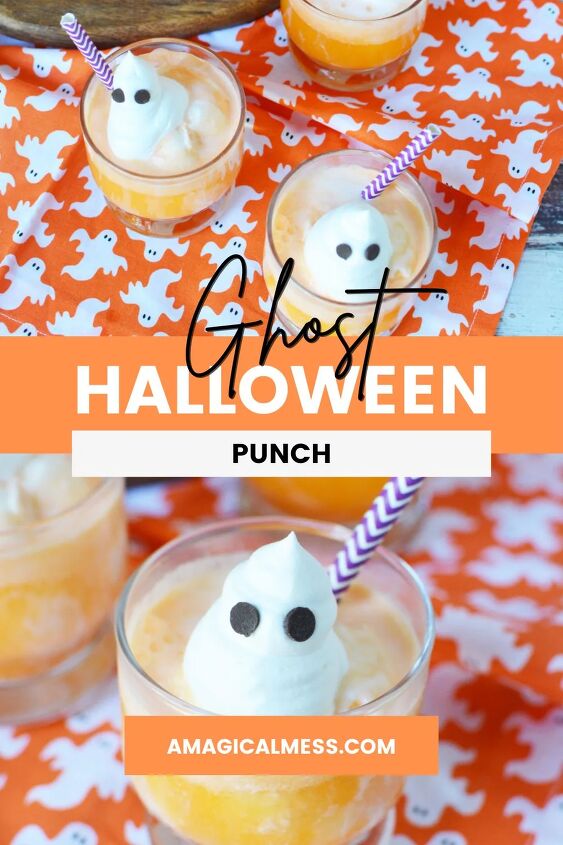 spooky ghost punch, Cups with orange punch topped with spooky ghosts for Halloween